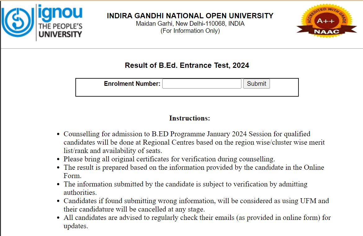 IGNOU BEd Entrance Exam 2024 Result Released At ignou.ac.in